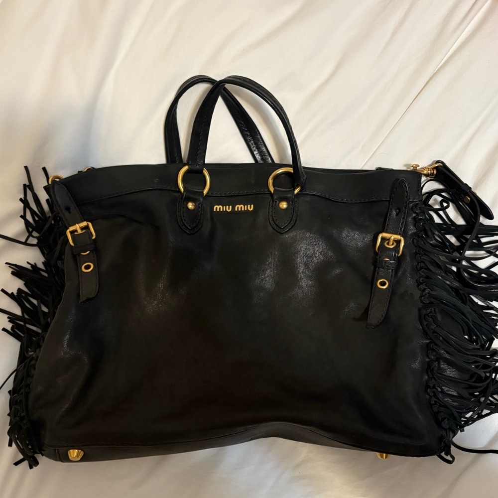 Miu Miu Black Fringe Leather Tote Bag